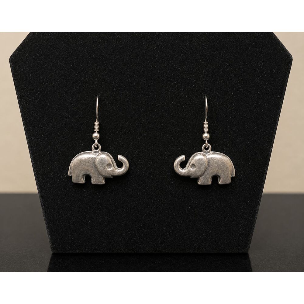 Silver Elephant Dangle Earrings Trunk Up Lucky Puffed Charm Boho Fish Hook